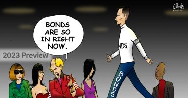 Cartoon image of a fashion model walking in a fashion show, with one spectator saying to another, "bonds are so in right now."