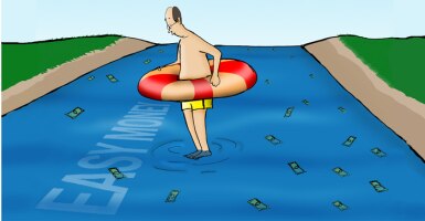 : Cartoon image shows a confused swimmer standing in ankle-deep water labeled "easy money." 