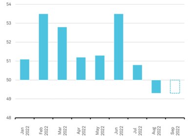 Bar chart showing monthly Global Composite Purchasing Managers' Index levels since January 2022, with August and projected September levels below the 50-threshold level. 