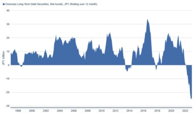 Area graph shows net investment of overseas long-term debt securities from the Bank of Japan since 1998