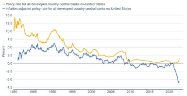 Line chart showing average policy rate, at both actual and inflation-adjusted levels, for developed countries’ central banks excluding the U.S. 