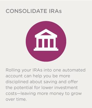Rolling your IRAs into one automated account can help you be more disciplined about saving and offer the potential for lower investment costs--leaving more money to grow over time.