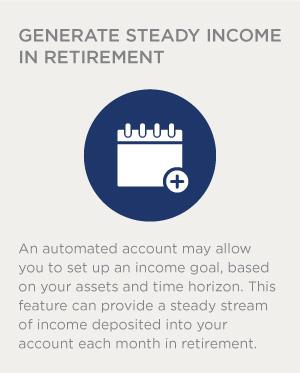 An automated account may allow you to set up an income goal, based on your assets and time horizon. This feature can provide a steady stream of income deposited into your account each month in retirement.