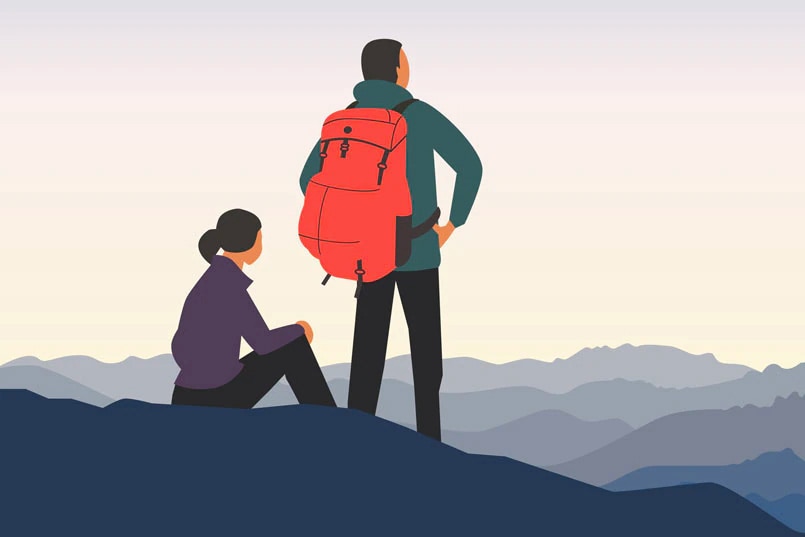  Hiker pair looking at mountaintop illustration